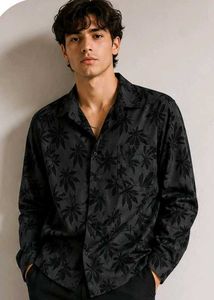 Men's Dark Leaf Print Button-Up Shirt