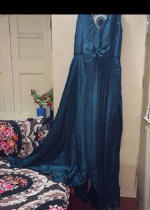 Elegant Teal Gown with Bow Detail