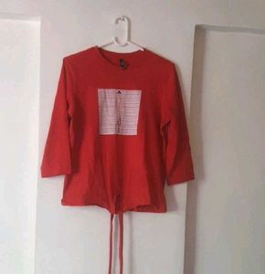 Red Tie-Front Top with Graphic Print