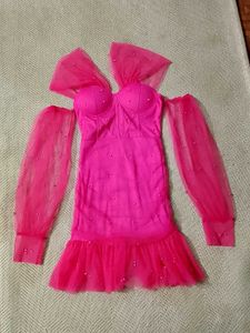 Hot Pink Tulle Pearl Embellished Dress