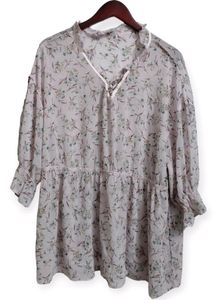 Floral Ruffle Trim Tie Neck Top