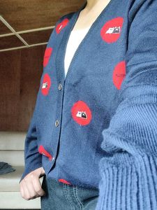 Navy Blue Cardigan with Red Accents