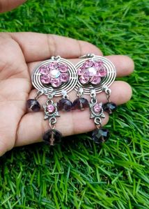 Pink Flower Oxidized Silver Drop Earrings With Pur