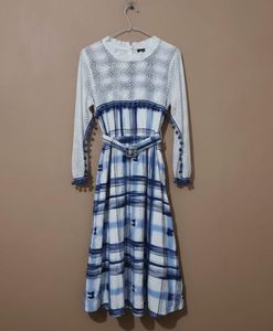 Elegant White & Blue Embroidered Dress