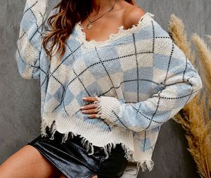 Argyle Distressed V-Neck Sweater