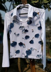 Chic Floral Print Collared Long Sleeve Top