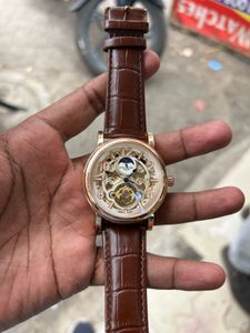 Elegant Brown Leather Strap Skeleton Watch