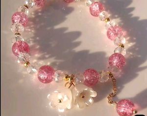 Pink Beaded white floral Bracelet