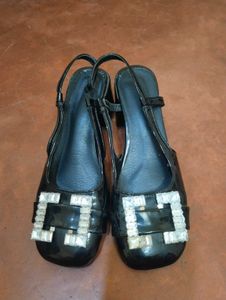 Black Patent Slingbacks with Rhinestone Buckle
