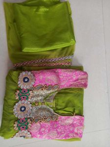 Vibrant Green &amp; Pink Embroidered kurta Set