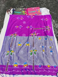 Vibrant Purple Saree with Tropical Print