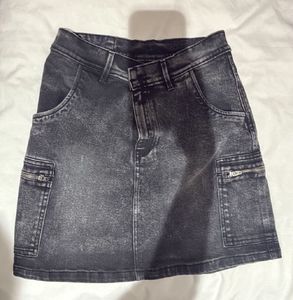 Grey Washed Denim Cargo Skirt