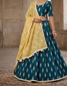 Stunning Teal & Yellow Ikat Lehanga Set