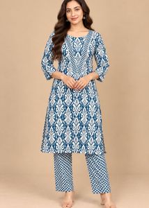 Blue & White Printed Kurta Set