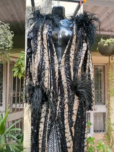 Sequined and Striped Couture Gown with Feather Det