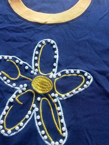 Navy Blue Top with Floral Embroidery