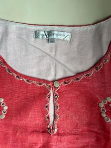 Embroidered Coral Cotton Kurta