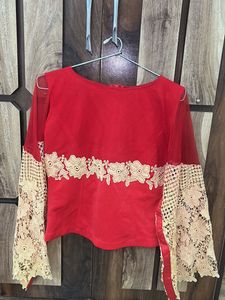 Red Embroidered Bell Sleeve Blouse
