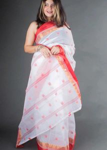 Elegant White & Red  cotton tant Saree