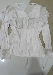 Sheer Lace Trim ruffled White Blouse