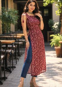 Stylish Maroon Printed Sleeveless Kurta