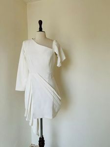 Asymmetric White Draped Cocktail Dress