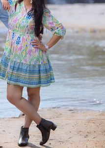Boho Print Tiered Shirt Dress with Belt