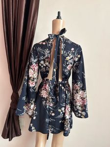 Floral Backless Bell Sleeve Mini Dress