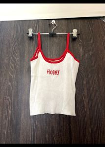 White ribbed cami with 'Honey' graphic