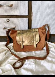 Brown Suede &amp; Gold Textured Shoulder Bag