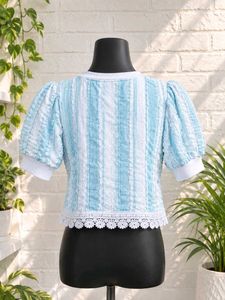 Blue &amp; White Textured Puff Sleeve Top