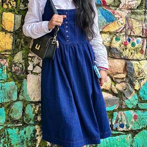 Blue Denim Pinafore Dress with White Blouse