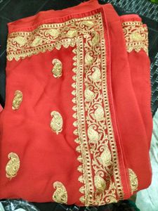 Elegant Red Saree with Gold Embroidery