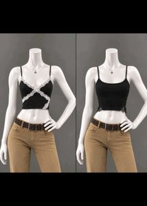Black Lace Trim Crop Cami Tank Top