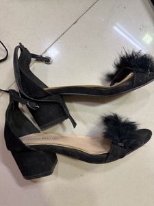 Black Fur Block Heel Sandals