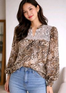 Leopard Print Sheer Top with Lace Detail