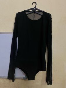Black Backless Mesh Sleeve Bodysuit