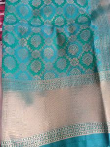 Beautiful semi kanjivaram Teal Saree with Gold Bro