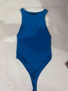 zara Blue Ribbed Racerback Bodysuit