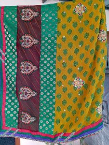 Green &amp; purple Embellished Saree