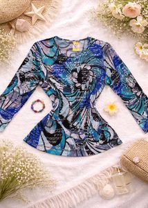 Blue Abstract Print Long Sleeve Top