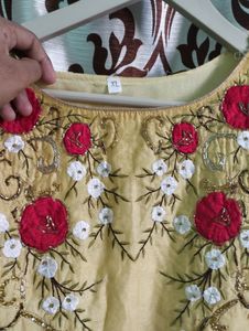 Designer Yellow Gown With Beautiful Roses Work On