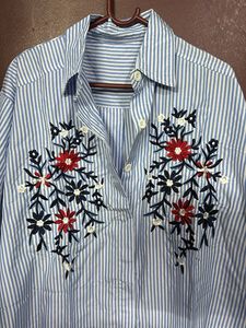 Blue Striped Embroidered Tunic Top
