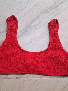 Red Smocked Bikini Set with Lace Detail