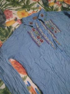 Embroidered Blue Crinkle Blouse