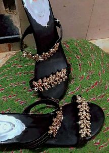 Black &amp; Golden Stonework Block Heels/Party Sandal