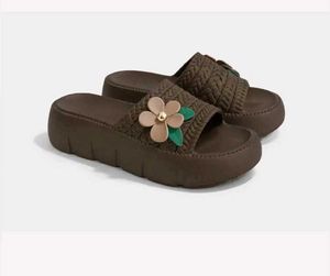 Brown Platform Slides with Flower Accent