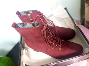 Burgundy Lace-Up Heeled Booties