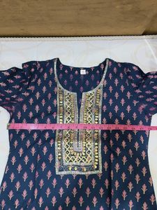 Navy Blue Kurta with Pink Floral Print
