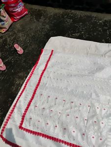 White Saree, Red Border Jamdani with lace
